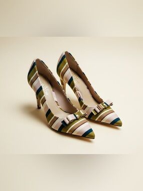 Striped Pointed-Toe High Heels with Bow - Multi-Color